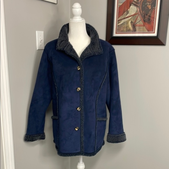 Jackets & Blazers - Elegant Navy Teddy Jacket with Faux Fur Trim